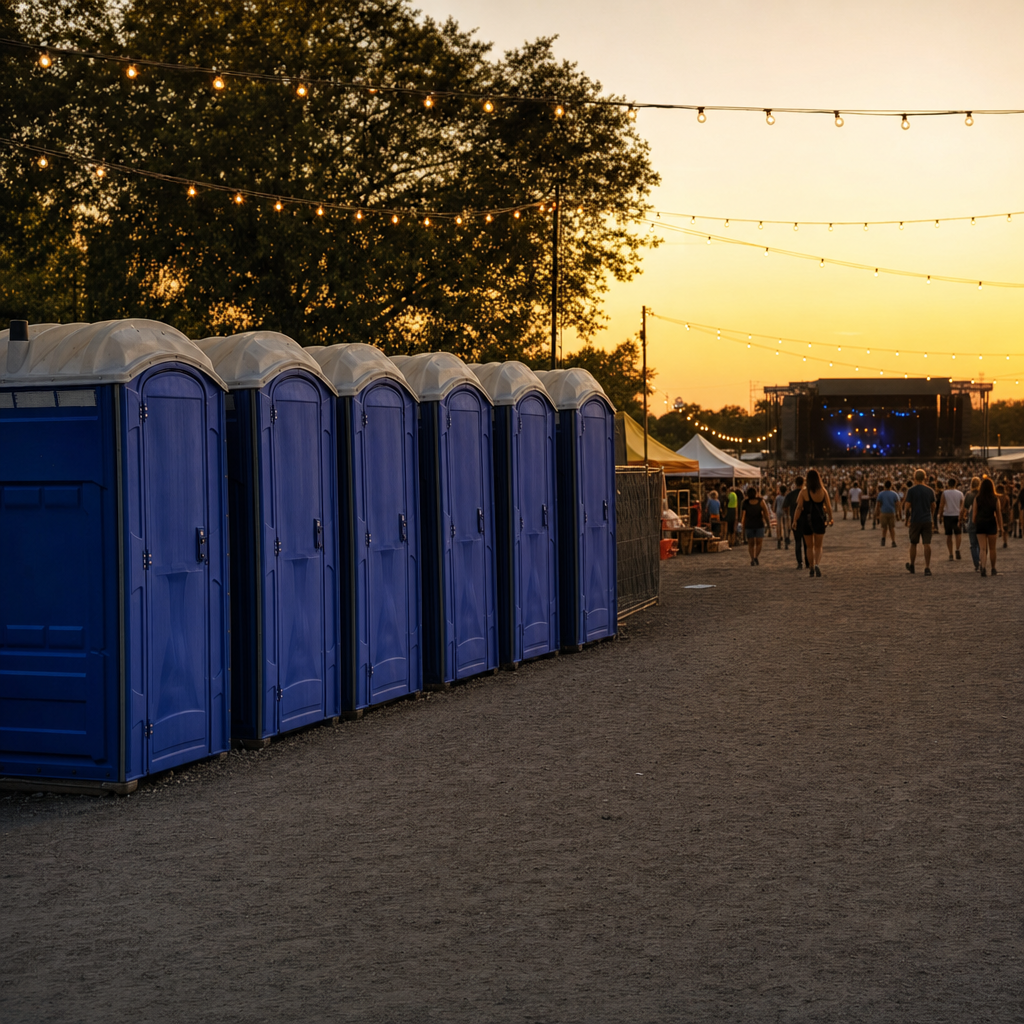 festival ground setup at golden hour