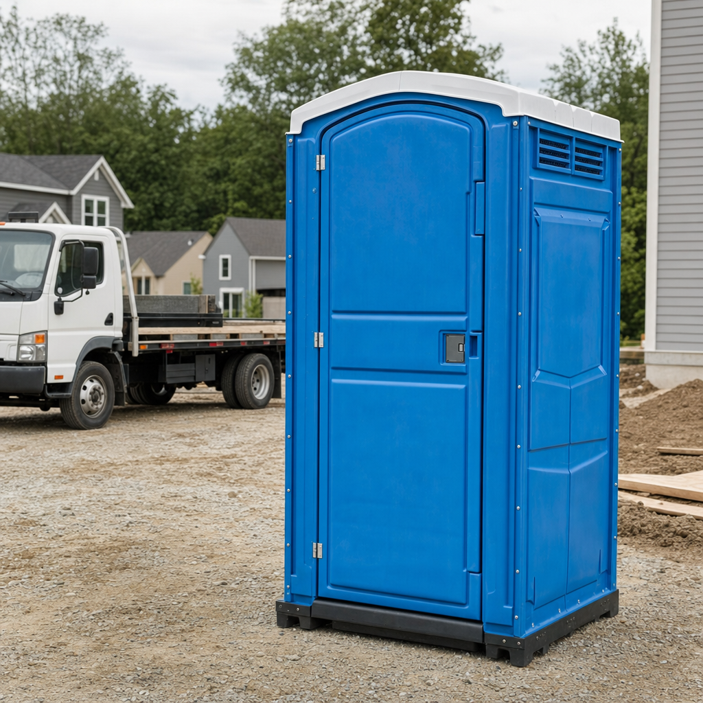 Delivery driver positioning a clean royal-blue portable toilet on level ground at a Miami Beach worksite