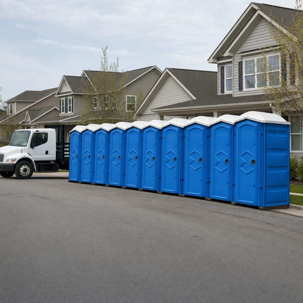Royal blue portable toilets staged in a tidy row at a Miami Beach jobsite, ready for delivery