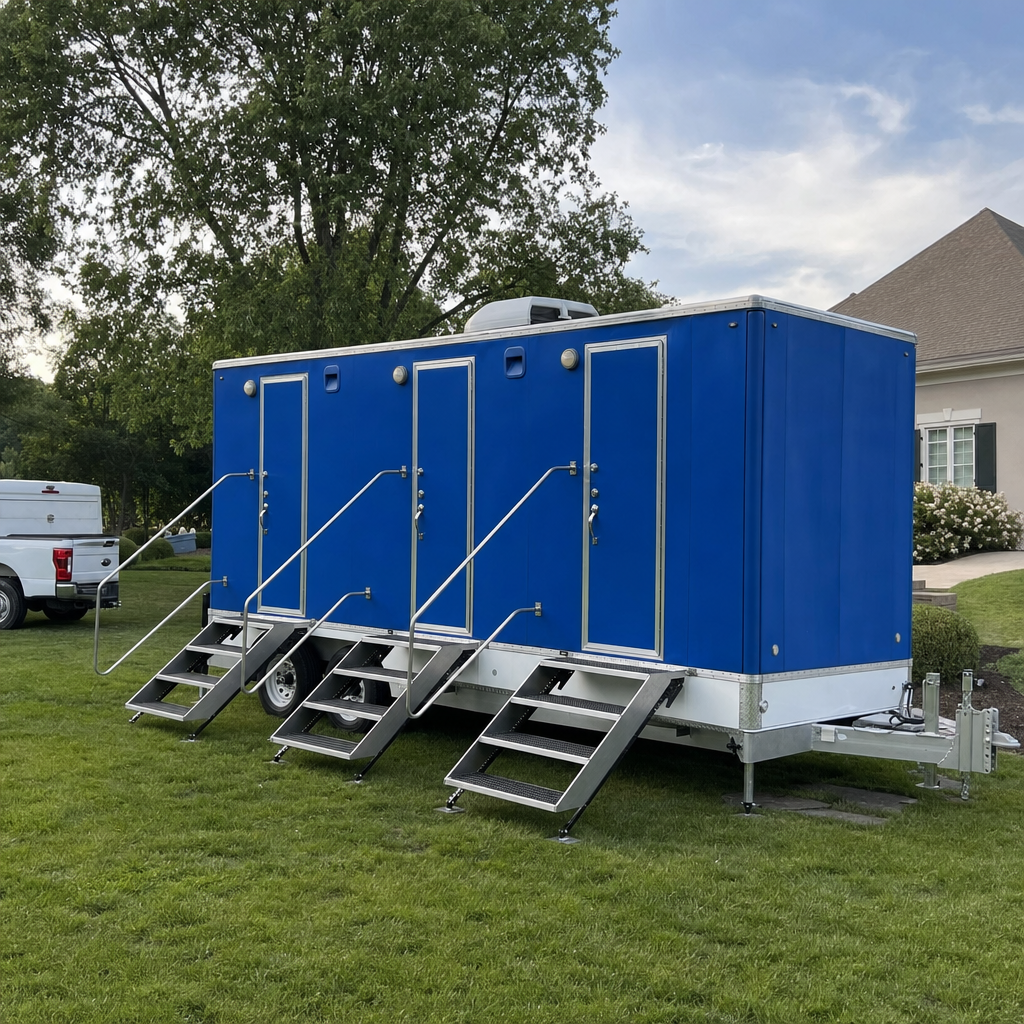 White luxury restroom trailer leveled on stabilizer jacks at an outdoor event in clean daylight